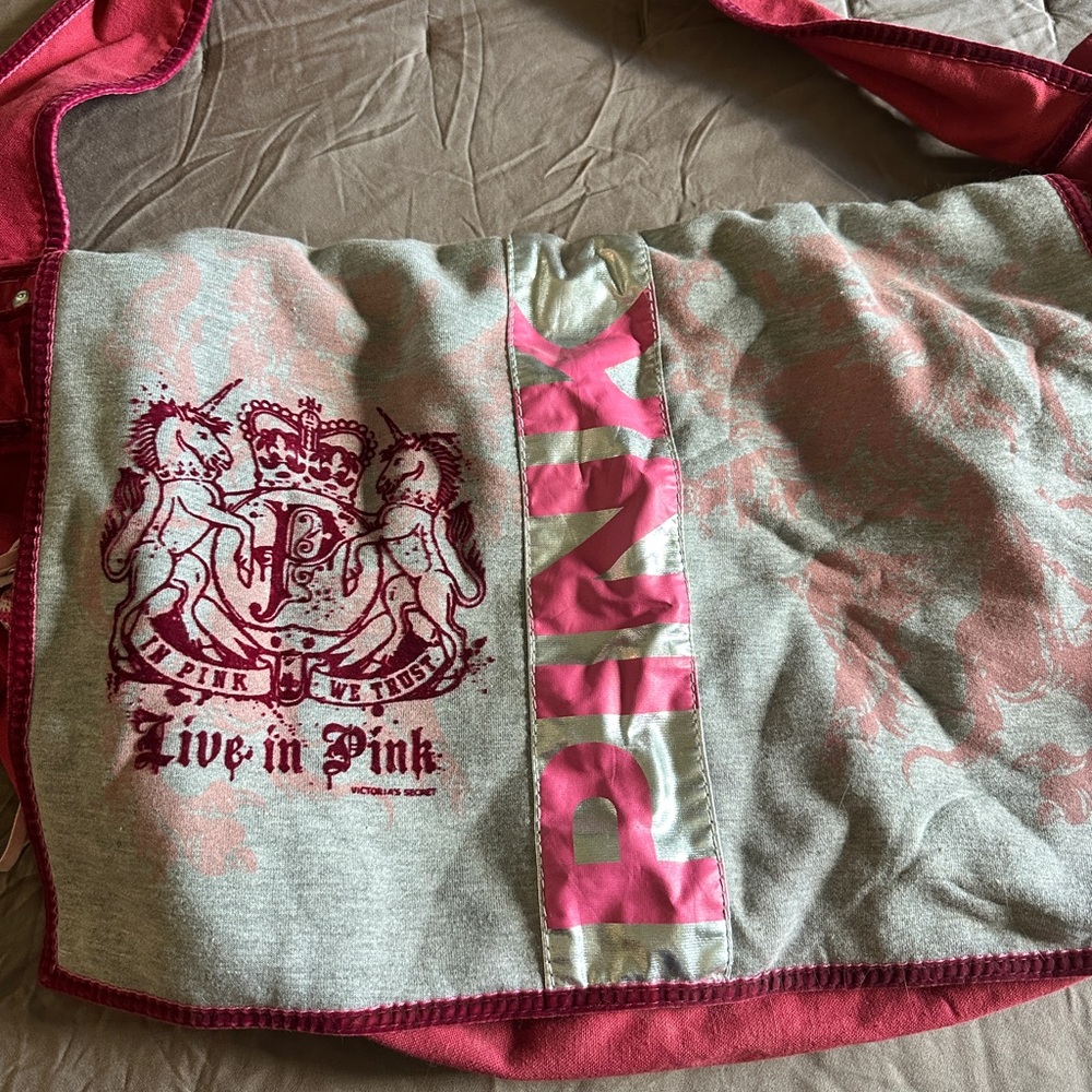 PINK Vintage Y2K Victoria's Secret Gray and Pink Messenger Sweatshirt Travel Bag